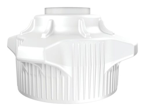 The Justrite Cap is a white, octagonal plastic lid with vertical grooves and raised ridges around the side. It features a wide 120mm circular opening at the top, offering an industrial and functional design for sealing containers with open cap or closed adap compatibility.