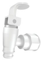 A 3D-rendered image highlights the Justrite Spigot, 1-1/8 Dia., 2/Pk, featuring a lever handle and hose connector. The white plastic design offers a simple modern look with smooth surfaces for a clean appearance.