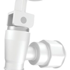 A 3D-rendered image highlights the Justrite Spigot, 1-1/8 Dia., 2/Pk, featuring a lever handle and hose connector. The white plastic design offers a simple modern look with smooth surfaces for a clean appearance.