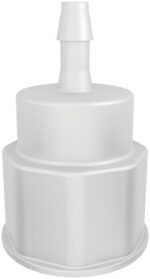 A white, cylindrical object with a narrow neck resembles a bottle cap or nozzle. Its smooth, matte surface mirrors the Justrite Spgt Ftg, 1-1/8Thrd,1/4 Hb design and stands upright against a plain background.