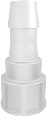 A tall stack of Justrite Spgt Ftg, 1-1/8Thrd,3/4 Hb white plastic cups is organized in a symmetrical cylinder. The largest cups are at the bottom and smaller ones on top, forming a tapered look.