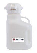 The Justrite Carboy, made of HDPE, is a 2.5L white plastic safety can with an 83mm screw cap and side handle for easy handling. It features the Justrite logo for secure and reliable fluid storage.