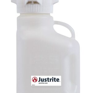 The Justrite Carboy, made of HDPE, is a 2.5L white plastic safety can with an 83mm screw cap and side handle for easy handling. It features the Justrite logo for secure and reliable fluid storage.