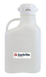 The Justrite Carboy is a 5L translucent white HDPE bottle with a handle, an 83mm white screw cap, embossed measurement, and a label featuring Justrite with a red flame icon and justrite.com. Ideal for storage needs.