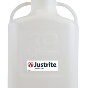 A Justrite Carboy made of HDPE, with a translucent white finish, features an 83mm screw-on cap, two side handles, and 10L embossed on the front. It has a label with the Justrite logo and website justrite.com.