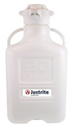 A translucent white Justrite Carboy made of HDPE plastic features a screw-on 120 mm cap, two side handles, 20 Liter markings, and a label with the logo.