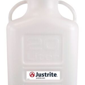 A translucent white Justrite Carboy made of HDPE plastic features a screw-on 120 mm cap, two side handles, 20 Liter markings, and a label with the logo.