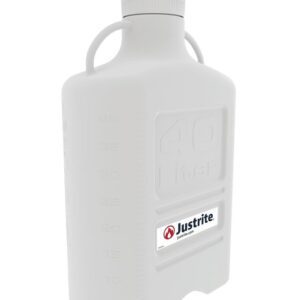 The Justrite Carboy, 40L with a 120 mm cap, is white HDPE with molded side measurements and prominently displays the brand logo on the front.