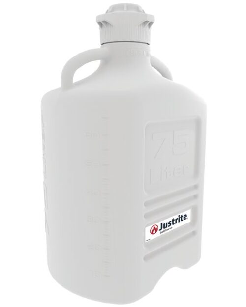 The Justrite Carboy is a robust 7.5-liter white HDPE plastic jug with dual handles, a screw-on 120 mm cap, and measurement markings on the side. The Justrite logo is prominently displayed near the bottom.