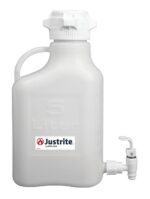 The Justrite Carboy is a white HDPE safety container with an 83mm cap, handle, and 5L capacity. It includes a convenient spout and dispensing tap.