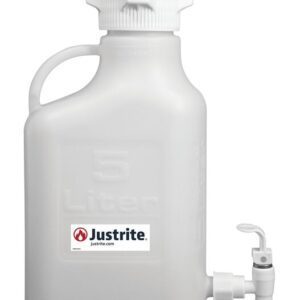 The Justrite Carboy is a white HDPE safety container with an 83mm cap, handle, and 5L capacity. It includes a convenient spout and dispensing tap.