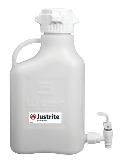 The Justrite Carboy is a white HDPE safety container with an 83mm cap, handle, and 5L capacity. It includes a convenient spout and dispensing tap.