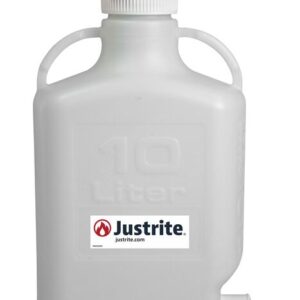 The Justrite Carboy is a gray 10-liter HDPE container with a spout, two side handles, and an 83mm white cap on top. The Justrite Carboy label is prominently displayed on the front.