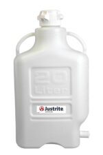 The 20L white HDPE Justrite carboy comes with an 83mm cap, spout, and two side handles. It features embossed 20 Liter text and a Justrite brand label on the front for safe storage.
