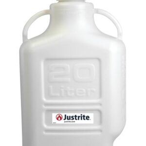 The 20L white HDPE Justrite carboy comes with an 83mm cap, spout, and two side handles. It features embossed 20 Liter text and a Justrite brand label on the front for safe storage.