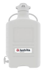 The Justrite Carboy, made from HDPE and featuring a 40-liter capacity with a 120 cap and spout, includes a sturdy handle. The iconic logo and website are displayed on the front for authenticity.