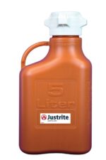 A brown Justrite HDPE carboy with a white cap and handle features the logo prominently, labeled 5 Liter, highlighting its quality.
