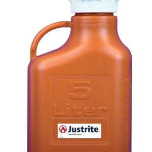 A brown Justrite HDPE carboy with a white cap and handle features the logo prominently, labeled 5 Liter, highlighting its quality.