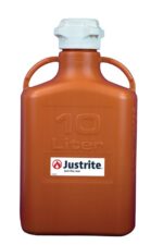The Justrite Carboy is a large, orange HDPE container marked 10 Liter with a white 83mm cap, two side handles, and a flame symbol label. It features the branding Justrite.com.