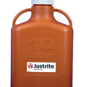 The Justrite Carboy is a large, orange HDPE container marked 10 Liter with a white 83mm cap, two side handles, and a flame symbol label. It features the branding Justrite.com.