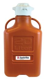 The Justrite Carboy, HDPE, 20L, features side handles and a white screw cap. 20L is embossed on the orange front alongside the Justrite logo and website URL. Ideal for safe storage, it delivers functionality and trusted reliability.