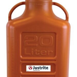 The Justrite Carboy, HDPE, 20L, features side handles and a white screw cap. 20L is embossed on the orange front alongside the Justrite logo and website URL. Ideal for safe storage, it delivers functionality and trusted reliability.