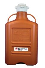 A Justrite Carboy, HDPE 40L with a white 120 cap, features two side handles and displays the Justrite logo and website. It is labeled 40 Liter in large raised letters on its brown surface.