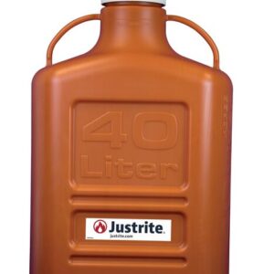 A Justrite Carboy, HDPE 40L with a white 120 cap, features two side handles and displays the Justrite logo and website. It is labeled 40 Liter in large raised letters on its brown surface.