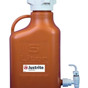 The Justrite Carboy is a 5L brown HDPE container with an 83mm white screw cap, sturdy handle, and bottom spigot. It features the Justrite logo and website URL on the label, ensuring reliability for every use.