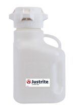 The Justrite Carboy, made of white PP plastic, holds 2.5L, features an 83mm screw-on cap and a sturdy handle for easy dispensing. Its design prominently displays the Justrite logo and website URL.