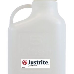 This Justrite Carboy, made from PP material, features a translucent plastic design with a handle and screw cap. It has a 5-liter capacity clearly marked for convenience and displays the Justrite logo and website.
