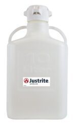 The Justrite Carboy is a white 10-liter plastic safety canister with an 83mm PP screw cap and dual handles. The label on the front displays Justrite along with a logo and website, showing its inclusion in the Justrite Carboy collection.