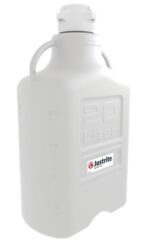 The Justrite Carboy, a 20L white container with a prominent logo, features an 83mm screw-on cap. Twin side handles allow for easy transport, and vertical markings display liquid levels in liters.