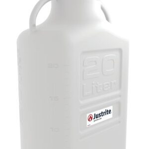 The Justrite Carboy, a 20L white container with a prominent logo, features an 83mm screw-on cap. Twin side handles allow for easy transport, and vertical markings display liquid levels in liters.