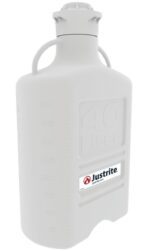 The Justrite Carboy, a large gray plastic container, features a 120 mm cap, handle, measurement markings up to 40 liters, and displays the Justrite logo on the side.