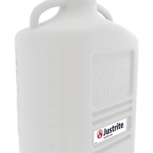 The Justrite Carboy features a 75-liter capacity and is made of PP. It includes a 120 mm cap, convenient spout, sturdy handle, measurement markings, and the distinctive Justrite logo near the base for functionality and style.