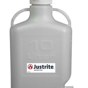 The Justrite Carboy is a robust PP 10L container featuring a screw cap, two side handles, and a spout. It displays the Justrite logo and 10L, designed for safe liquid storage and transport.