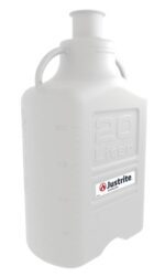 The Justrite Carboy, made of durable PP material, is a large white plastic container with a capacity of 20L. It features a push-button spout, two handles, measurement lines on the side, and is labeled near the bottom.