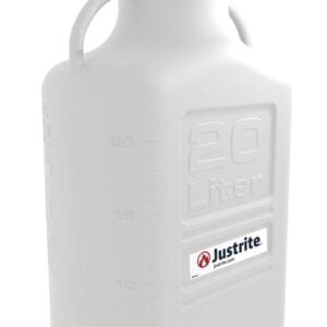 The Justrite Carboy, made of durable PP material, is a large white plastic container with a capacity of 20L. It features a push-button spout, two handles, measurement lines on the side, and is labeled near the bottom.