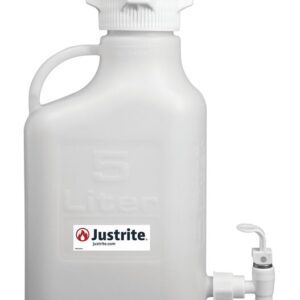A 5-liter white PP Justrite Carboy has a spout, handle, and an 83mm cap for secure closure. The Justrite logo is prominently displayed on the front.