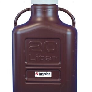 The Justrite Carboy is a dark amber plastic container labeled 20L with a white 120 cap. It features two side handles for easy carrying and prominently displays the Justrite logo, making it safe and practical for liquid transport.
