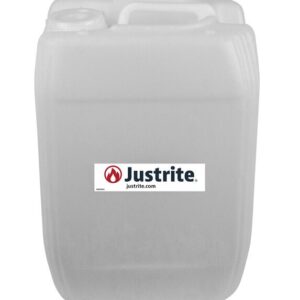 The Justrite Carboy is a large, rectangular translucent plastic container made from durable HDPE, featuring a label with Justrite and a website address. It has a 70mm screw cap and is designed to efficiently store up to 20L of liquids.
