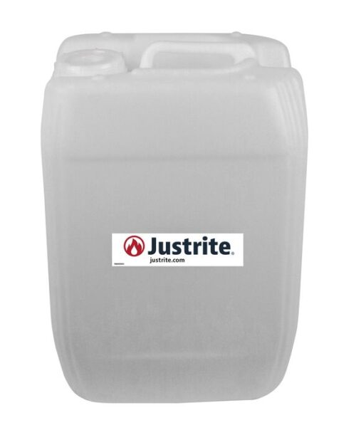The Justrite Carboy is a large, rectangular translucent plastic container made from durable HDPE, featuring a label with Justrite and a website address. It has a 70mm screw cap and is designed to efficiently store up to 20L of liquids.