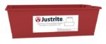 A red rectangular Justrite Spill Basin, compatible with 2.5, 4, 5, or 10L containers, is labeled Justrite VaporTrap Solvent Waste System. It features a stylized flame icon and bottle line drawing, along with usage instructions in black text.