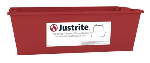 A red rectangular Justrite Spill Basin, compatible with 2.5, 4, 5, or 10L containers, is labeled Justrite VaporTrap Solvent Waste System. It features a stylized flame icon and bottle line drawing, along with usage instructions in black text.