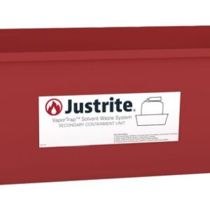 The red rectangular container labeled Justrite and VaporTrap Solvent Waste System provides secondary containment, fitting perfectly within the Justrite Spill Basin for efficient solvent waste management in 13.5L or 20L capacities.
