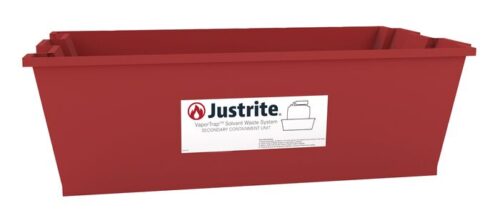 The red rectangular container labeled Justrite and VaporTrap Solvent Waste System provides secondary containment, fitting perfectly within the Justrite Spill Basin for efficient solvent waste management in 13.5L or 20L capacities.
