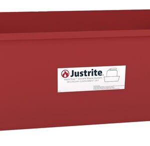 The Justrite Spill Basin, 40L or 60L is a rectangular red plastic bin with the brands label and a central diagram. It features grooved edges and an open top for easy access, designed for efficient storage and handling.