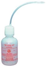 The Justrite Bottle, Sfty Squeez, 16Oz Wht, boasts a translucent design with a red label for instructions and cautions. Its long, curvy plastic spout allows precise dispensing for safe and accurate use.
