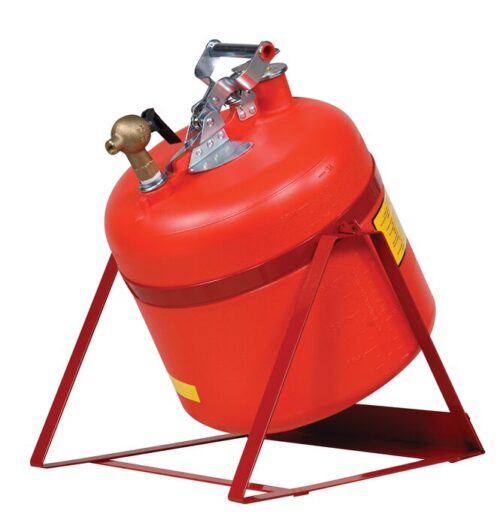 The Justrite Can Sft Tlt Pol W/Fct 5G R is a red fuel safety can with a locking lid, mounted on a metal cradle stand, featuring a convenient spout and handle for easy pouring and secure storage of flammable liquids.